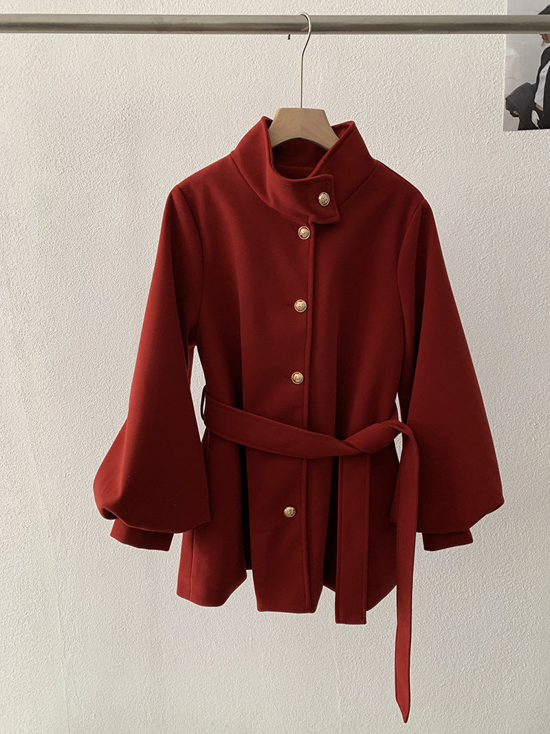 Belted closure Style Stand-Up Collar Wool Coat with Belted Waist, A-Line Mid-Length Tassel Sleeve for Women