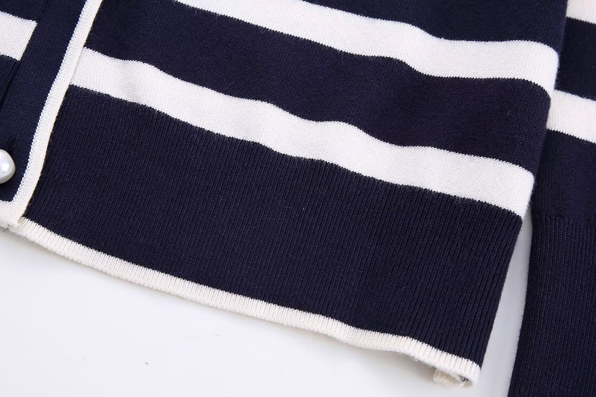 Fashion Striped Knitted Women Cardigan Wrist Sleeve O Neck Slim Sweater Female Crop Top  Autumn
