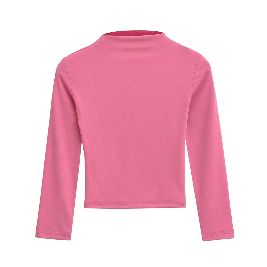 Style Semi-High Neck Sleeve Stretch Fitted T-Shirt for Women,Edgy Minimalist Solid Color Crop Top Underwear Shirt