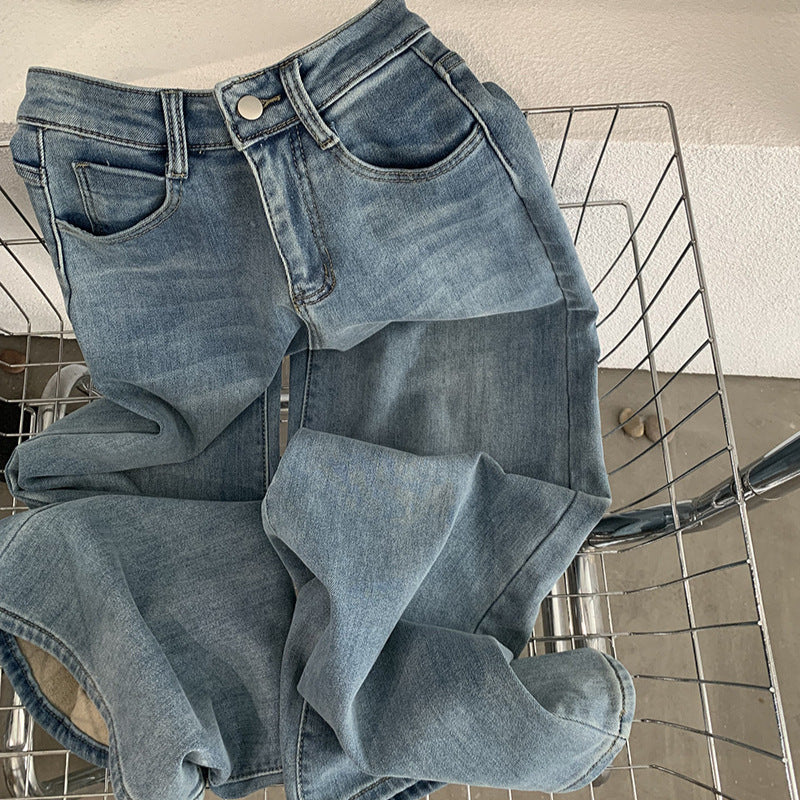 Fleece-Lined Thick Winter Korean Style Vintage High-Waisted Flared Jeans Loose Long Pants Women