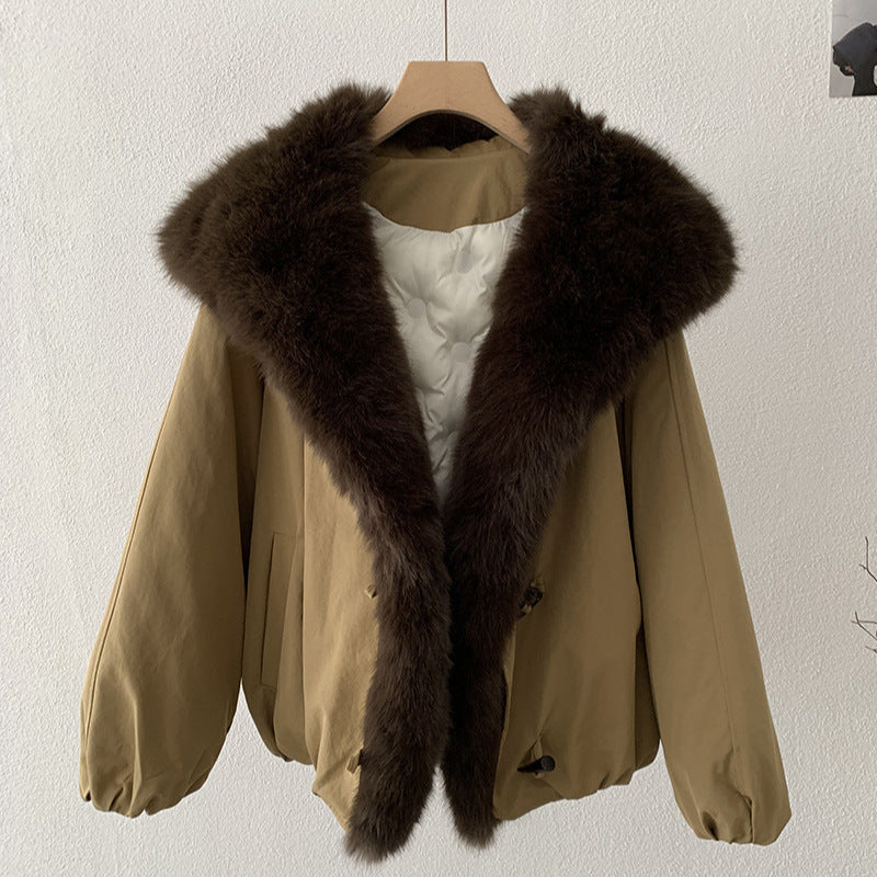 Detachable Faux Fox Fur Turn-Down Collar Loose Thick Long Sleeve Parka Coat Top Fashion