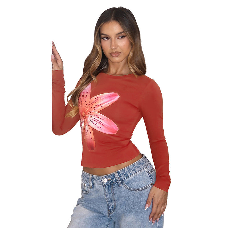 Floral Print Long Sleeve Round Neck Pullover Crop Top