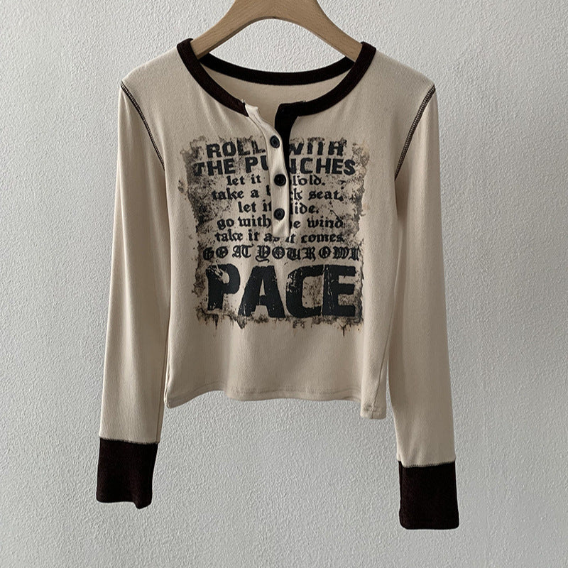 Fleece-Lined Letter Print Color-Blocked Long Sleeve Crewneck Top for Women Fashionable Versatile Casual Slim-Fit Upperwear