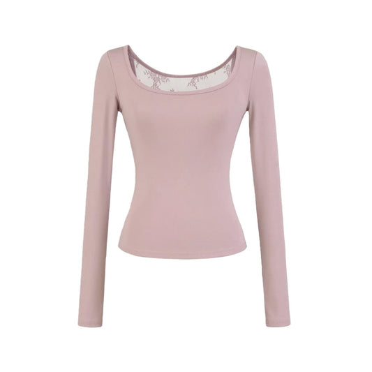 Spring Solid Color U-Neck Long Sleeve T-Shirt, Mature Style, Unique and Sexy Back Lace Cut-Out, Fitted Crop Top