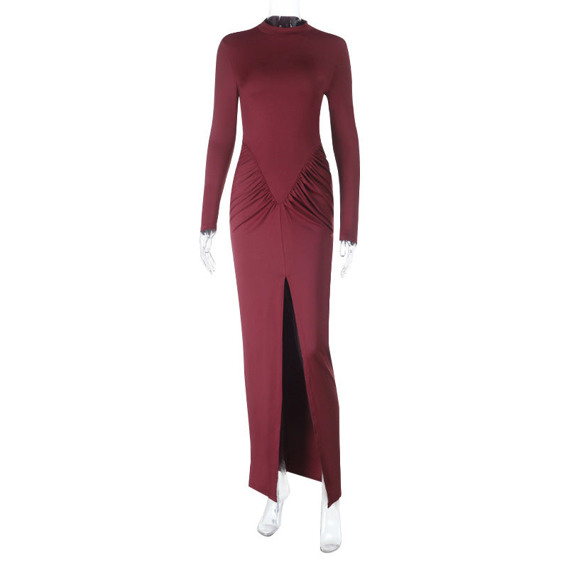 Half high neck sexy long sleeved waist cinching slim fit waist hugging split hip dress