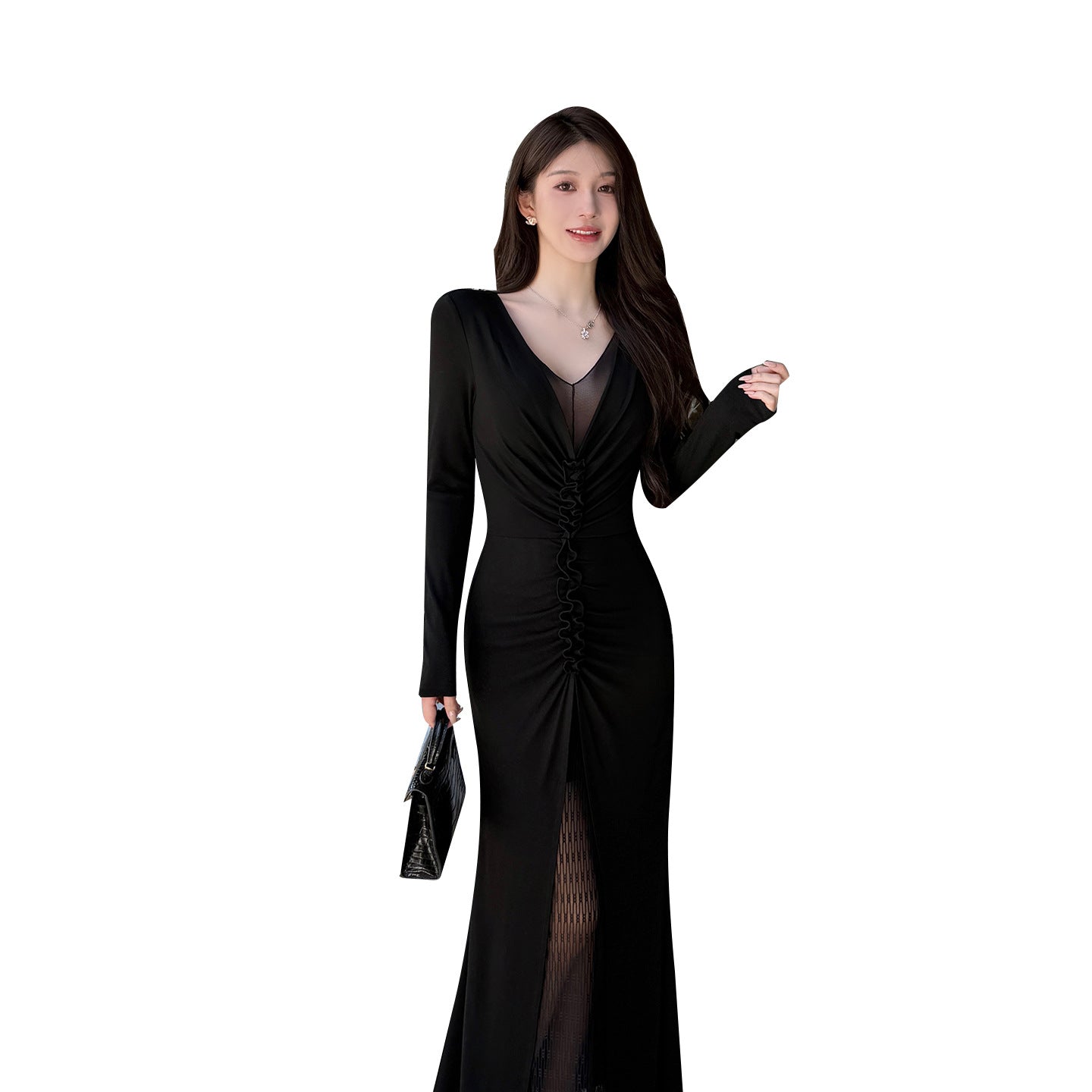 Deep V-pleated long sleeved dress for women