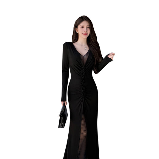 Deep V-pleated long sleeved dress for women