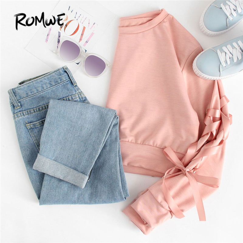 Eyelet Lace Up Sleeve Crop Sweatshirt Autumn Pink Round Neck Cute Pullovers Women Long Sleeve Casual Sweatshirt