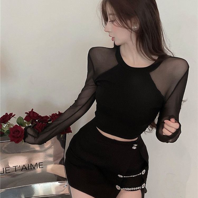 Seductive Sweet Spicy Mesh Panel Long Sleeve T-Shirt for Women High Waist Crop Top Sheer Underwear Style