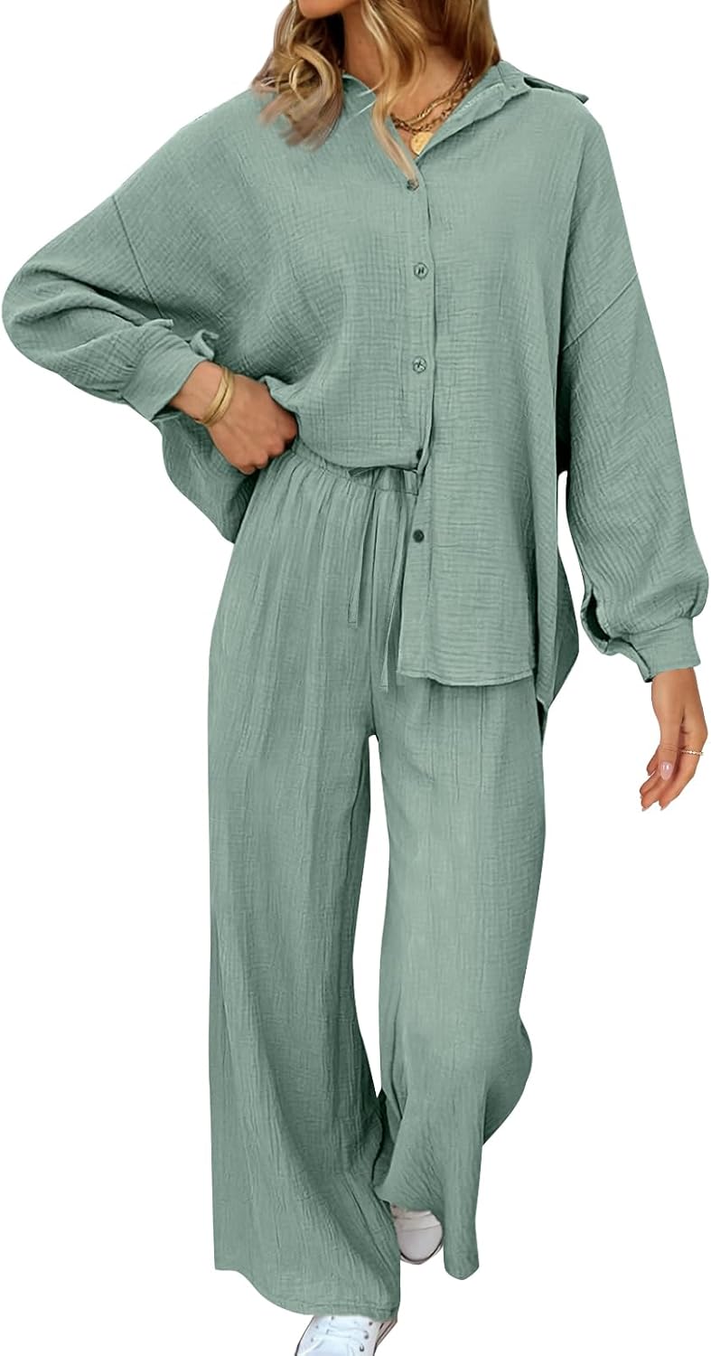 AUTOMET Womens 2 Piece 2024 Spring Clothes Fashion Outfits Two Piece Matching Wide Leg Palazzo Pants Sets Tracksuit Clothes