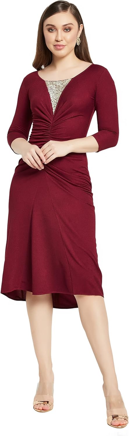 Miss Olive Women's Maroon & Golden Embellished Sheath Midi Dress (MOAW21D13-21-239-04)