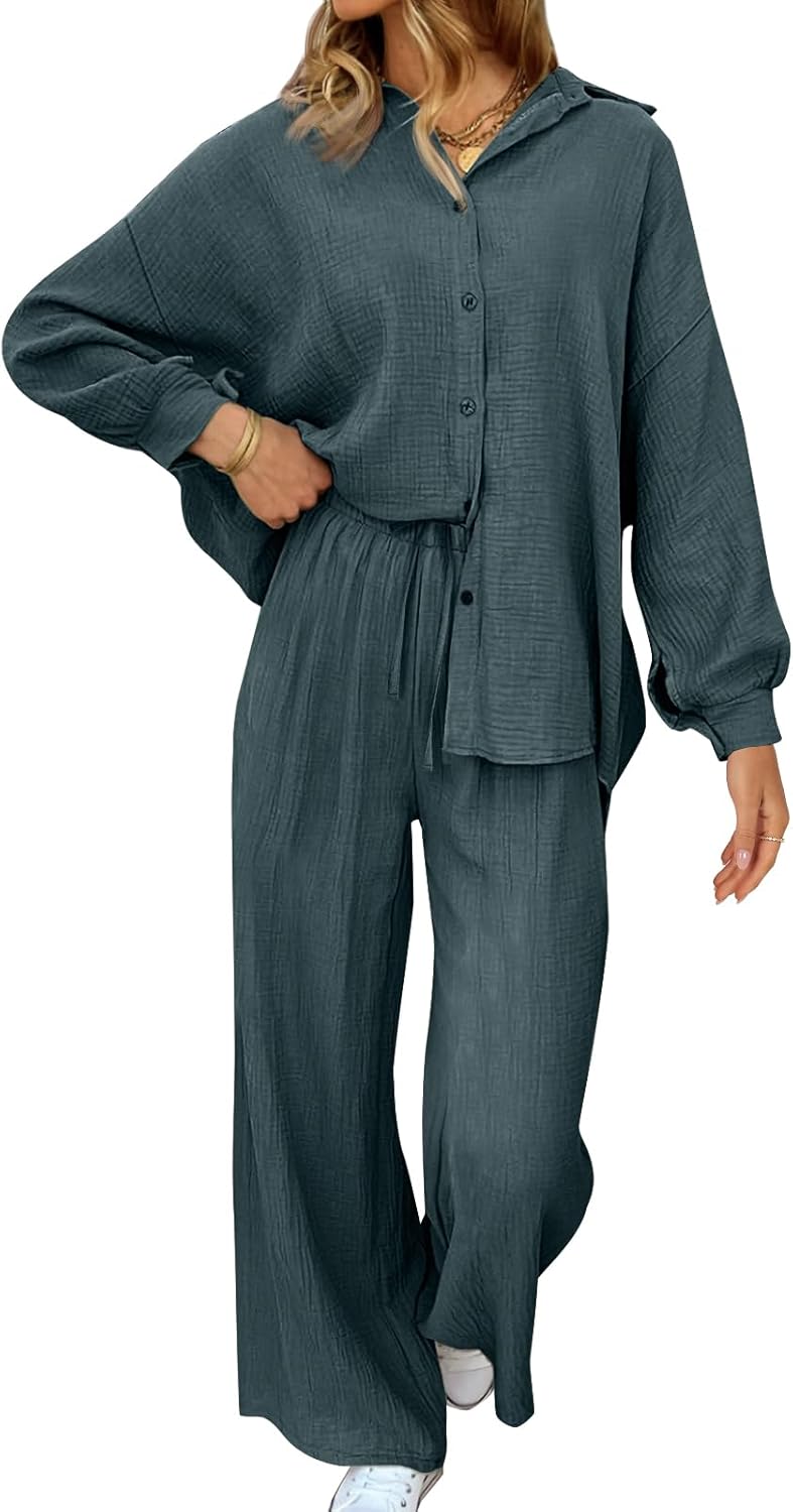 AUTOMET Womens 2 Piece 2024 Spring Clothes Fashion Outfits Two Piece Matching Wide Leg Palazzo Pants Sets Tracksuit Clothes