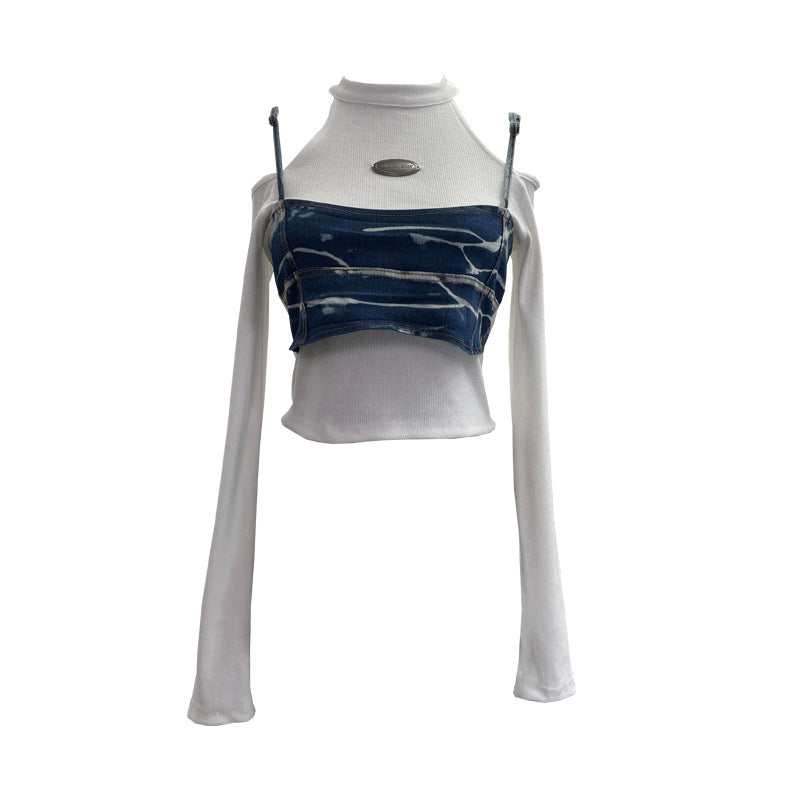 Sexy Fitted Long Sleeve T-Shirt with Strapless Design and Denim Short Crop Top