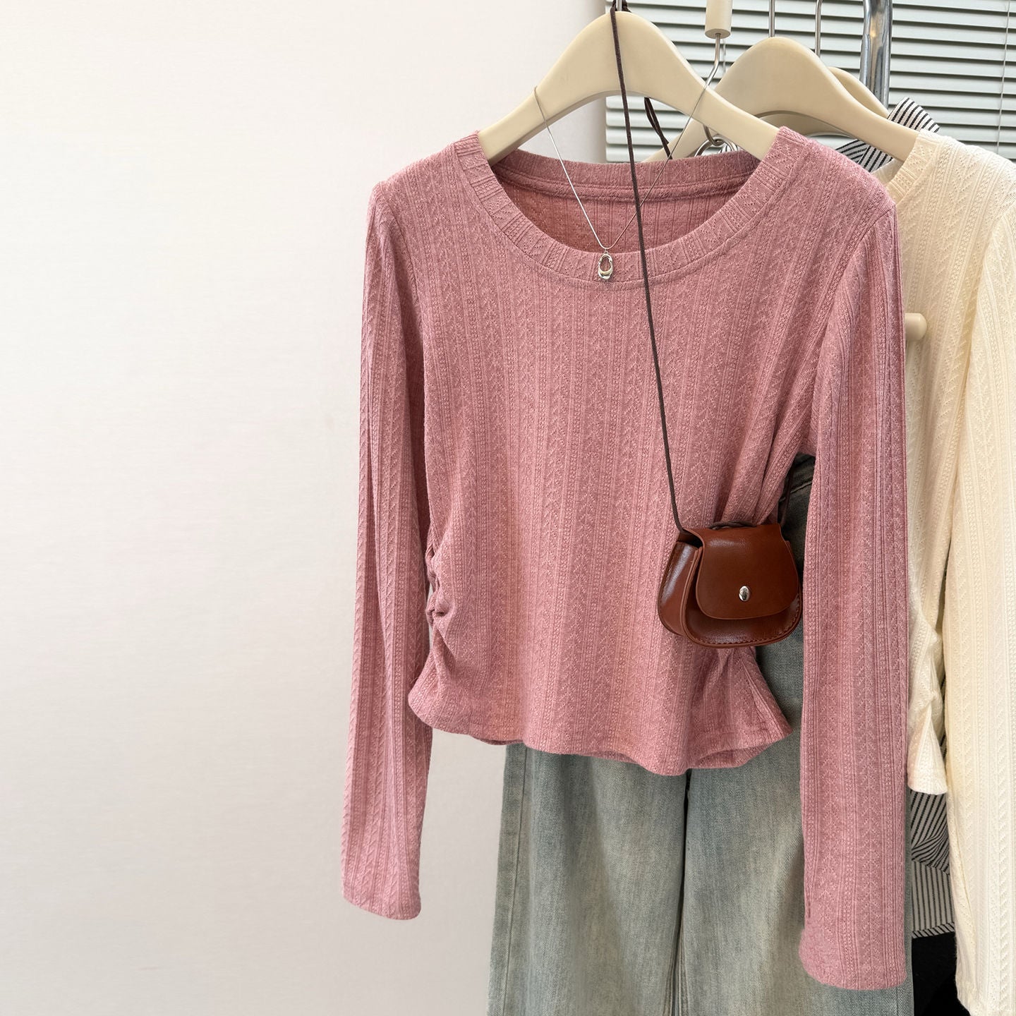 Solid Color Sweet &amp Spicy Pleated Fitted Long Sleeve T-Shirt for Women, Early Autumn Slim Fit Korean Style Crop Top