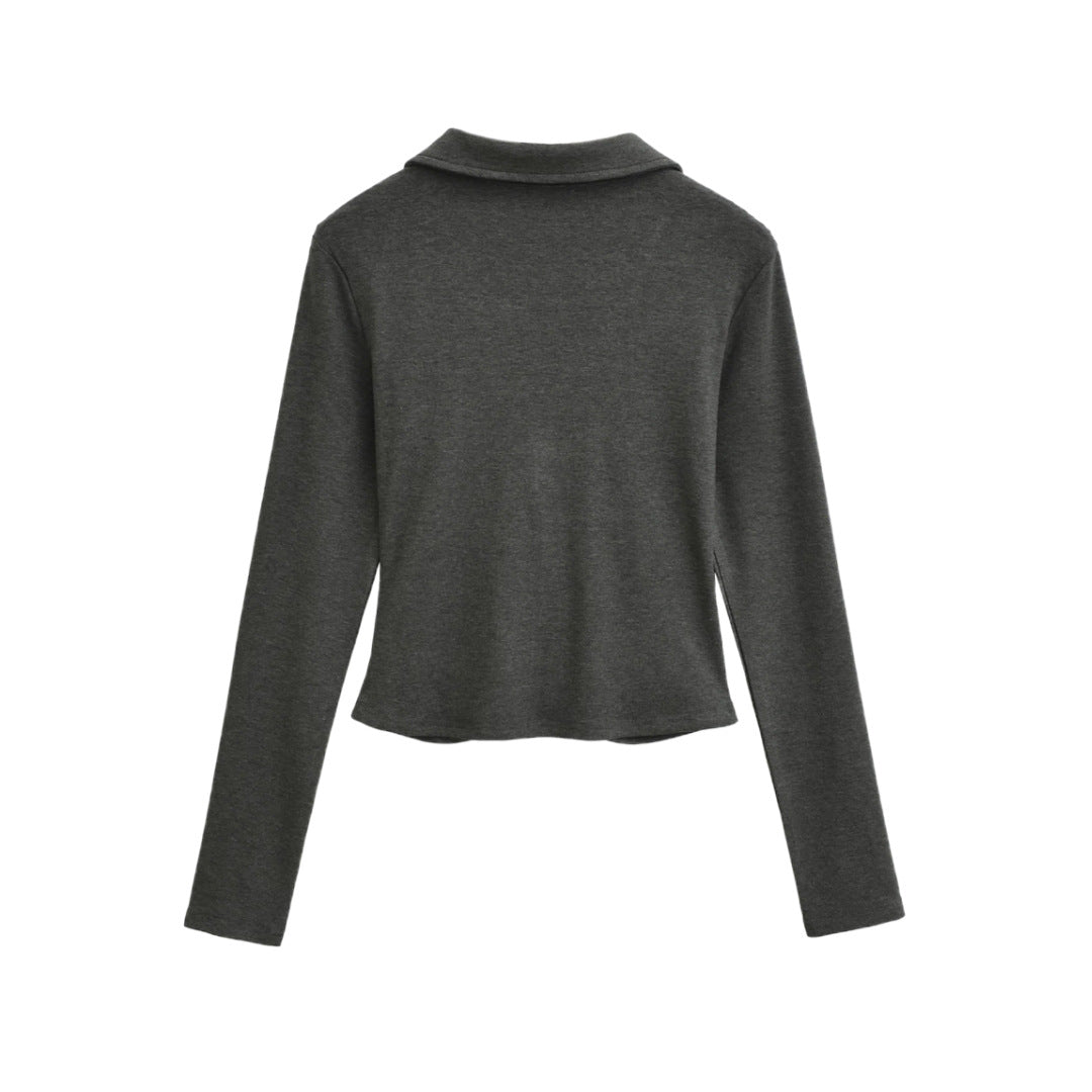 Chic Two-Piece Color-Blocked Plaid Stretch Fitted T-Shirt for Women, Turn-Down Collar, Pleated High-Waisted Cropped Crop Top with Long Sleeve