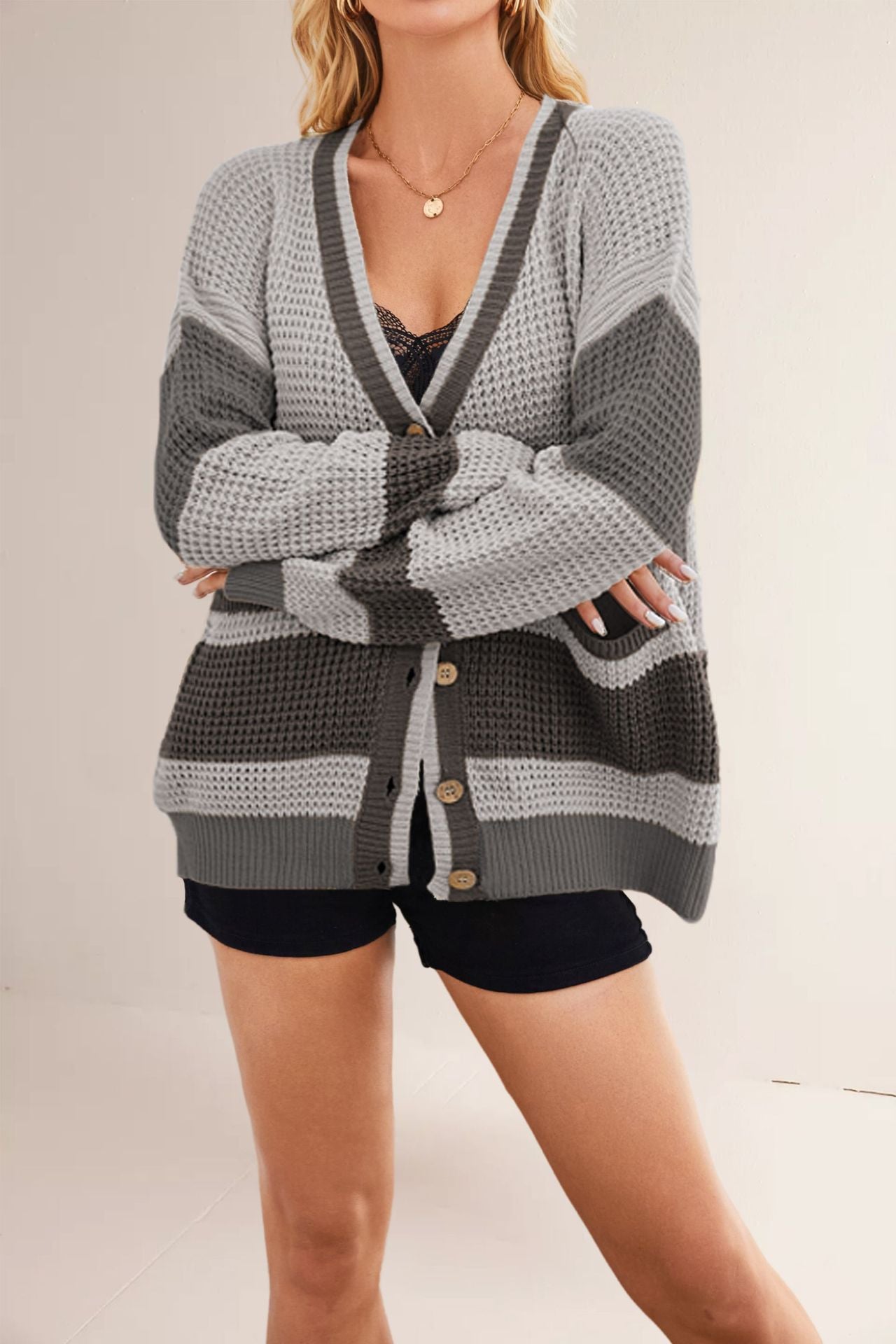 Women’s Color-Blocked V-Neck Knit Cardigan Jacket
