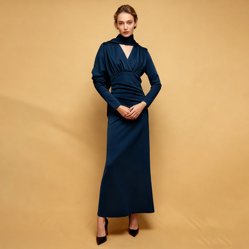 Collar+V-neck design slim fit pleated waist long skirt