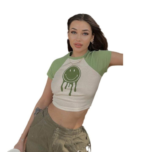 Women's Short Crop Top Belly Show Smiling Face Print Spicy Girl Short Sleeve Spring