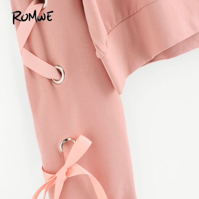 Eyelet Lace Up Sleeve Crop Sweatshirt Autumn Pink Round Neck Cute Pullovers Women Long Sleeve Casual Sweatshirt