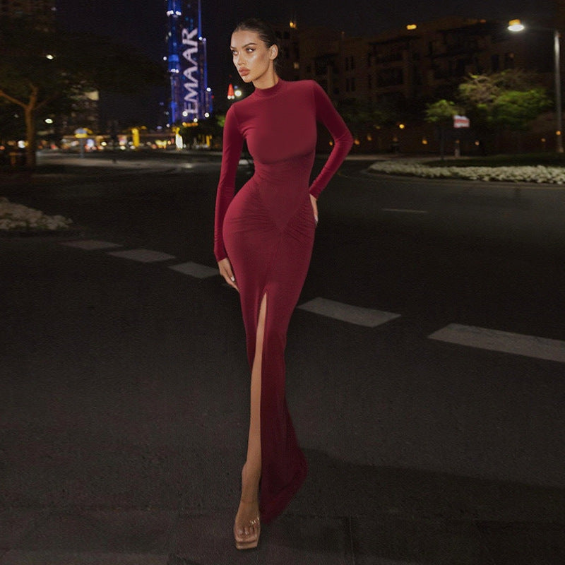 Half high neck sexy long sleeved waist cinching slim fit waist hugging split hip dress