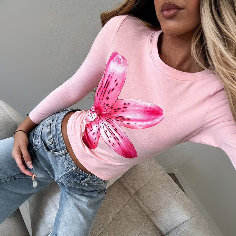 Floral Print Long Sleeve Round Neck Pullover Crop Top