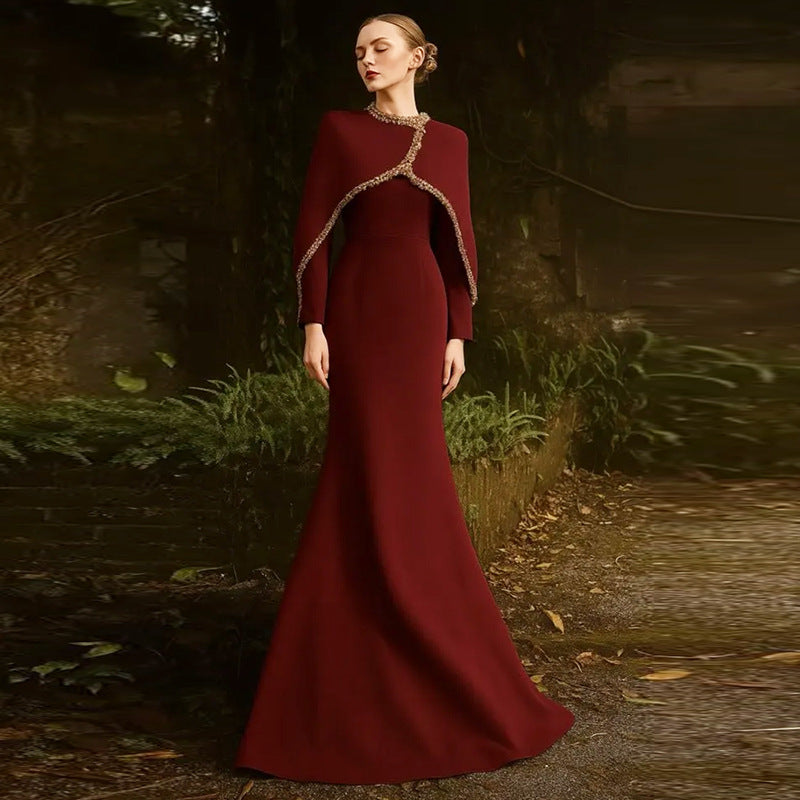 Beaded and Rhinestone Embellished Long Dress with Bat Sleeves