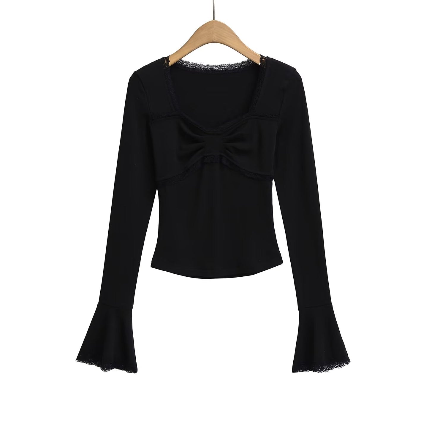 Lace Trim Flare Long Sleeve Crop Top T-Shirt