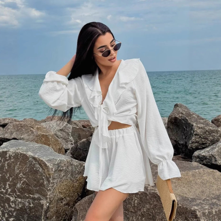 V-neck loose ruffle edge tied top and shorts two-piece set