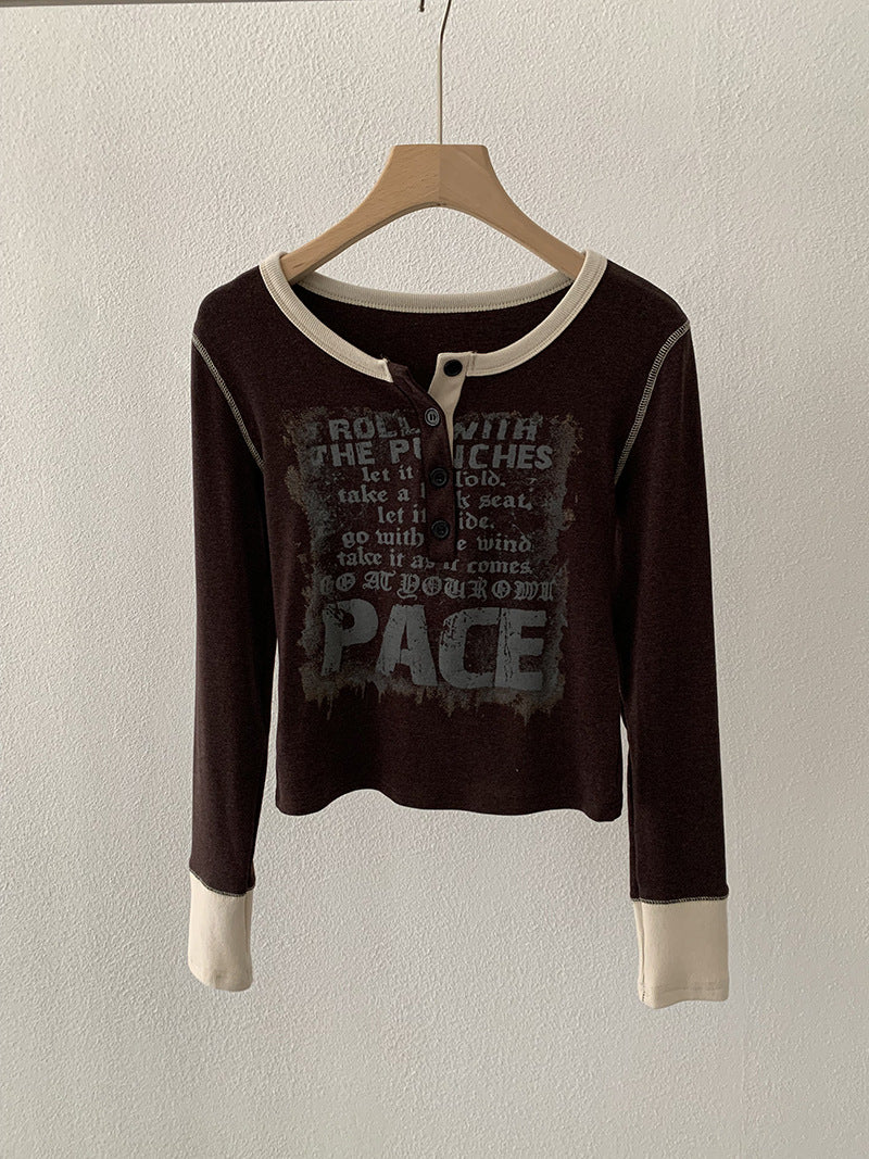 Fleece-Lined Letter Print Color-Blocked Long Sleeve Crewneck Top for Women Fashionable Versatile Casual Slim-Fit Upperwear