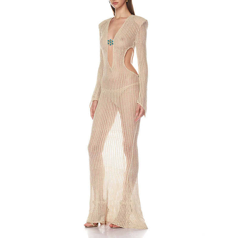 Fashion Sexy Cover-Up Long Dress for Women, Deep V-Neck Elegant Hollow-Out Waist-Baring Long Sleeve Dress