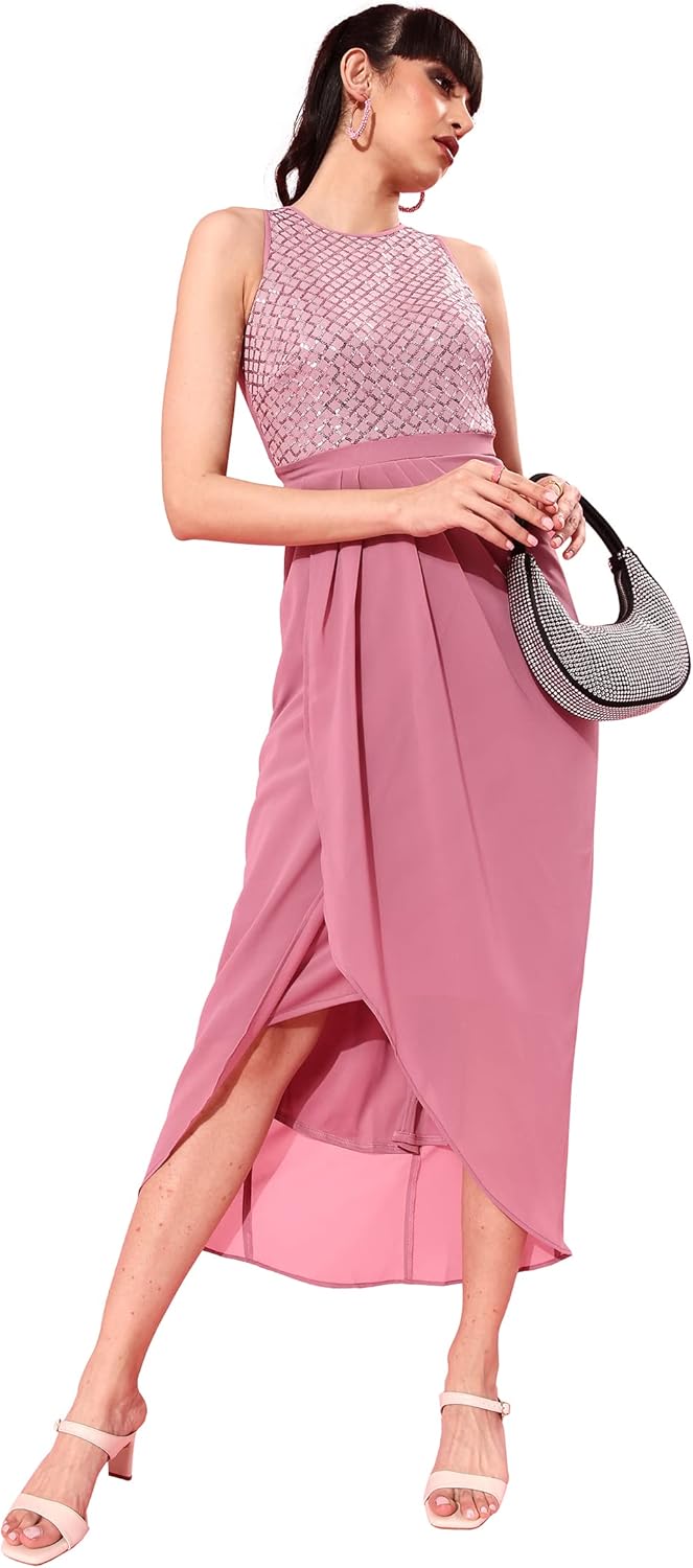 Miss Olive Women's Round Neck Sleeveless Embellished Midi Dress (MOSS22D13-65-261-05)