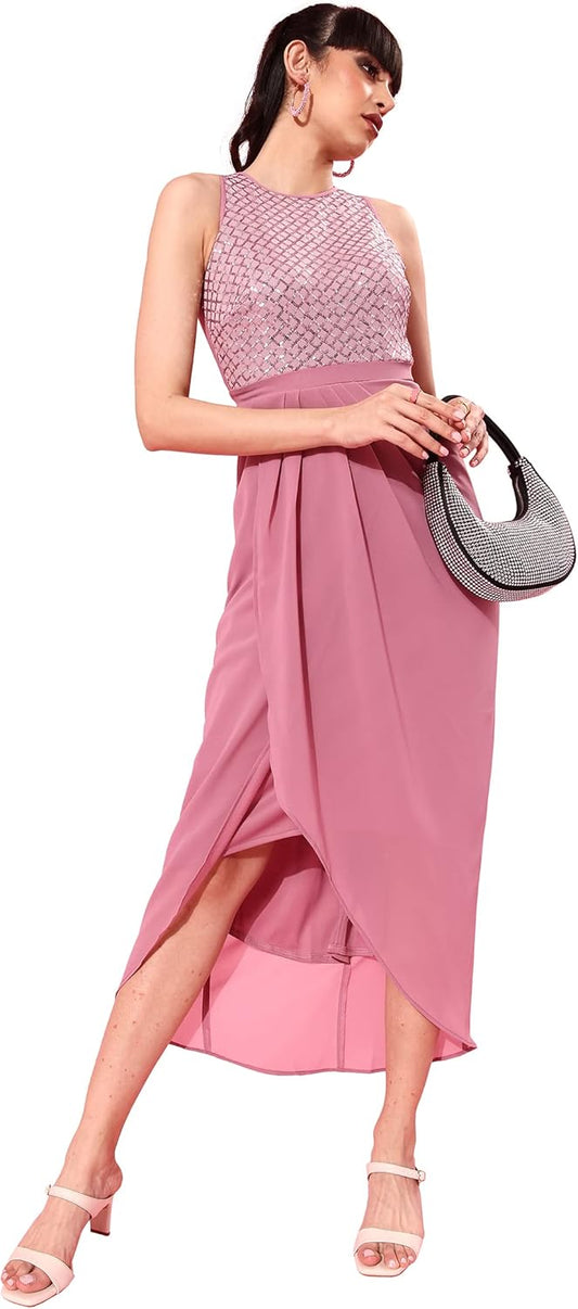 Miss Olive Women's Round Neck Sleeveless Embellished Midi Dress (MOSS22D13-65-261-05)