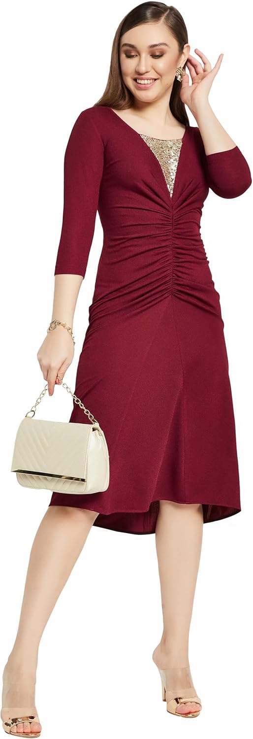Miss Olive Women's Maroon & Golden Embellished Sheath Midi Dress (MOAW21D13-21-239-04)