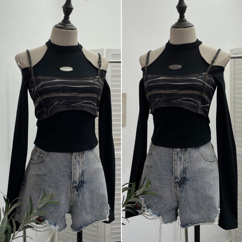 Sexy Fitted Long Sleeve T-Shirt with Strapless Design and Denim Short Crop Top