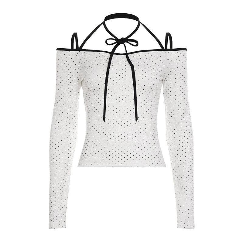 Polka Dot Tie-Butterfly Long Sleeve T-Shirt for Women Off-the-Shoulder Round Neck Crop Top