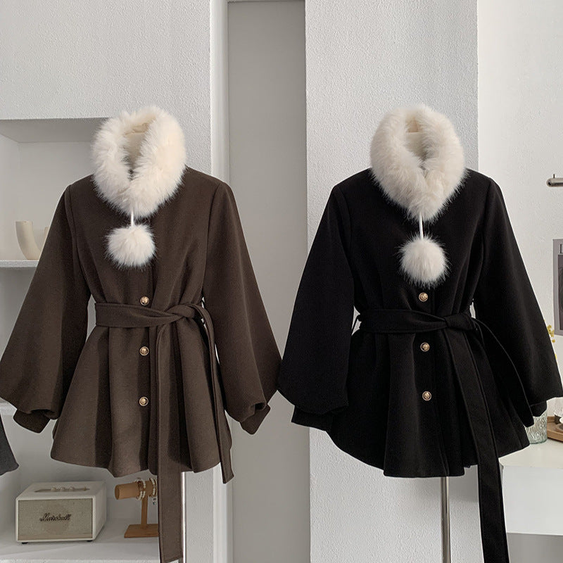 Belted closure Style Stand-Up Collar Wool Coat with Belted Waist, A-Line Mid-Length Tassel Sleeve for Women