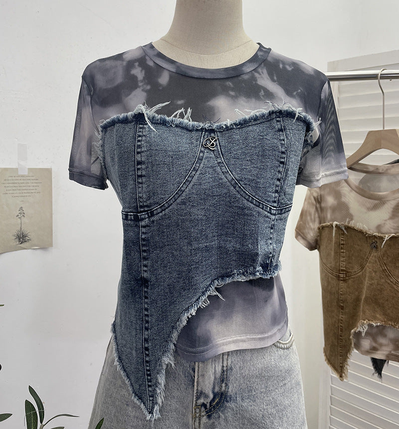 Denim Spliced Tie-Dye Mesh Fitted Irregular Fake Two-Piece Short Sleeve Top Crop T-Shirt
