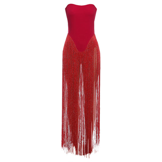 Backless high waisted slim fit strapless fringe jumpsuit