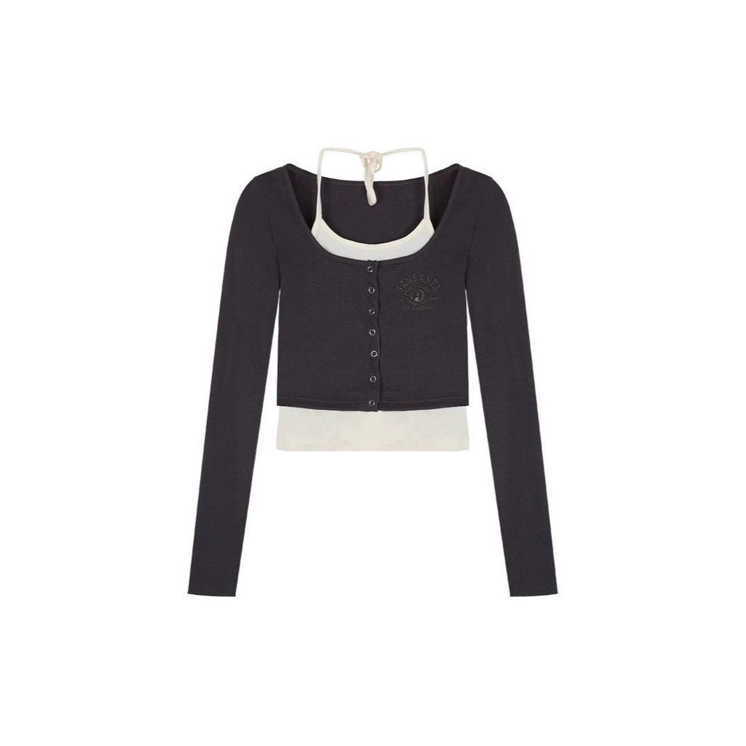 Chic False Two-Piece Crop Top for Women, Long Sleeve, Slim Fit, Bodycon, Short Length T-Shirt