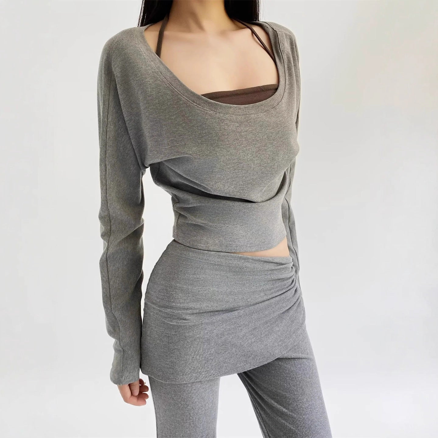 Two-Piece Set Sheer Sexy Crop Top Long Sleeve T-Shirt with Hanging Neck Bandage Tank Top