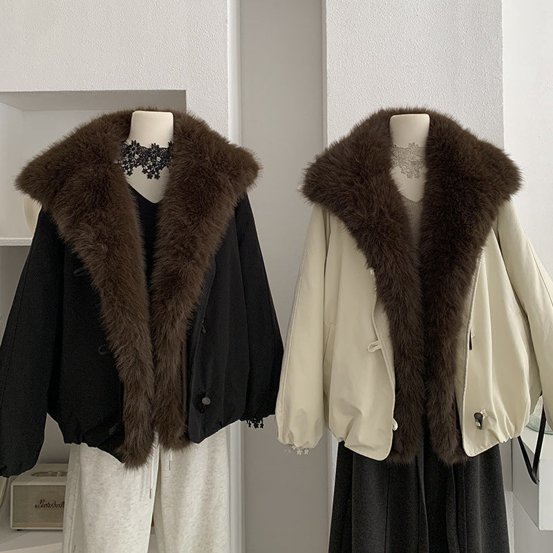 Detachable Faux Fox Fur Turn-Down Collar Loose Thick Long Sleeve Parka Coat Top Fashion