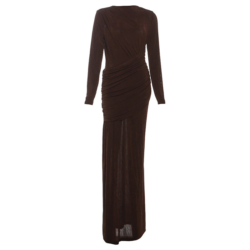 Wrinkled round neck slim fit long sleeved dress for women