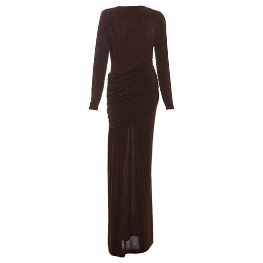 Wrinkled round neck slim fit long sleeved dress for women
