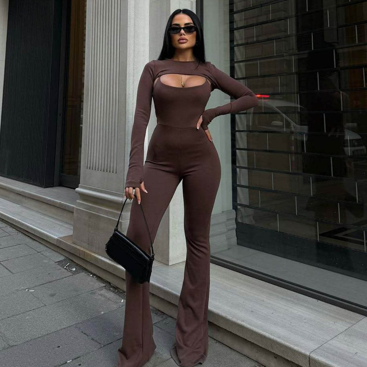 Fashion solid color long sleeved tight fitting suspender lifting jumpsuit two-piece set
