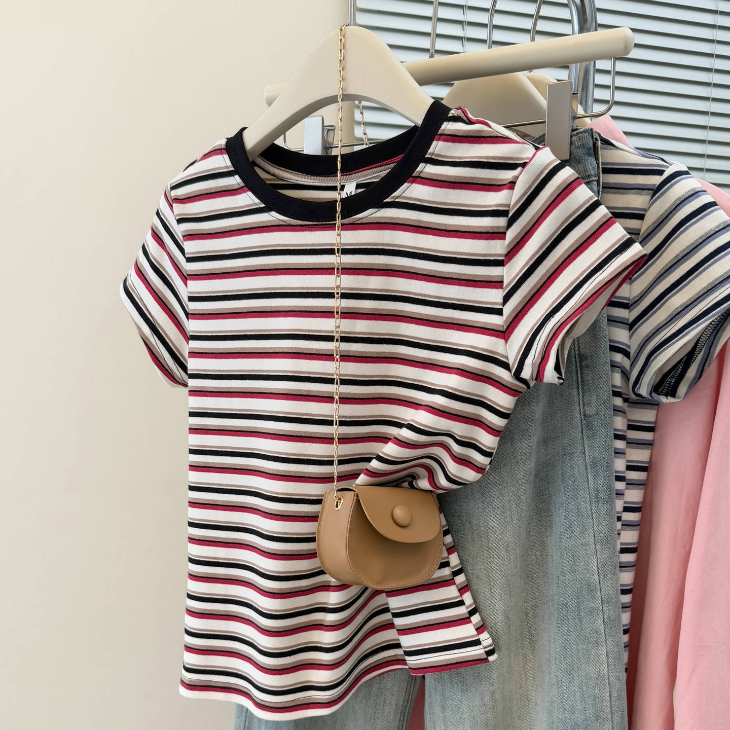Style Summer New Color Block Stripe Short Sleeve T-Shirt Women's Slim Korean Version Short Crop Top