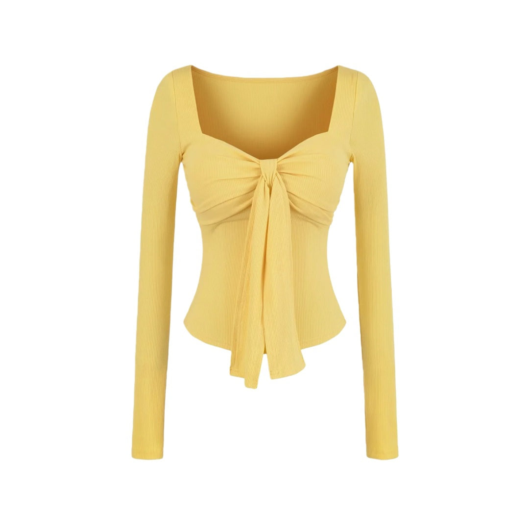 Sense Solid Color Padded Bow Knotted Long Sleeve T-Shirt Spring Sexy Crop Top with Ruched Fitted Design