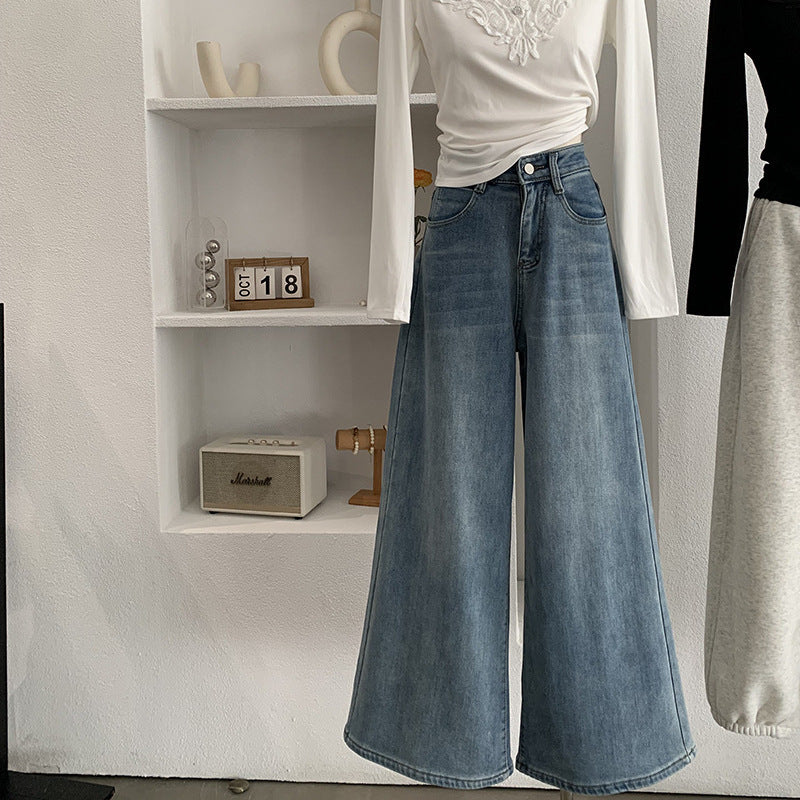 Fleece-Lined Thick Winter Korean Style Vintage High-Waisted Flared Jeans Loose Long Pants Women