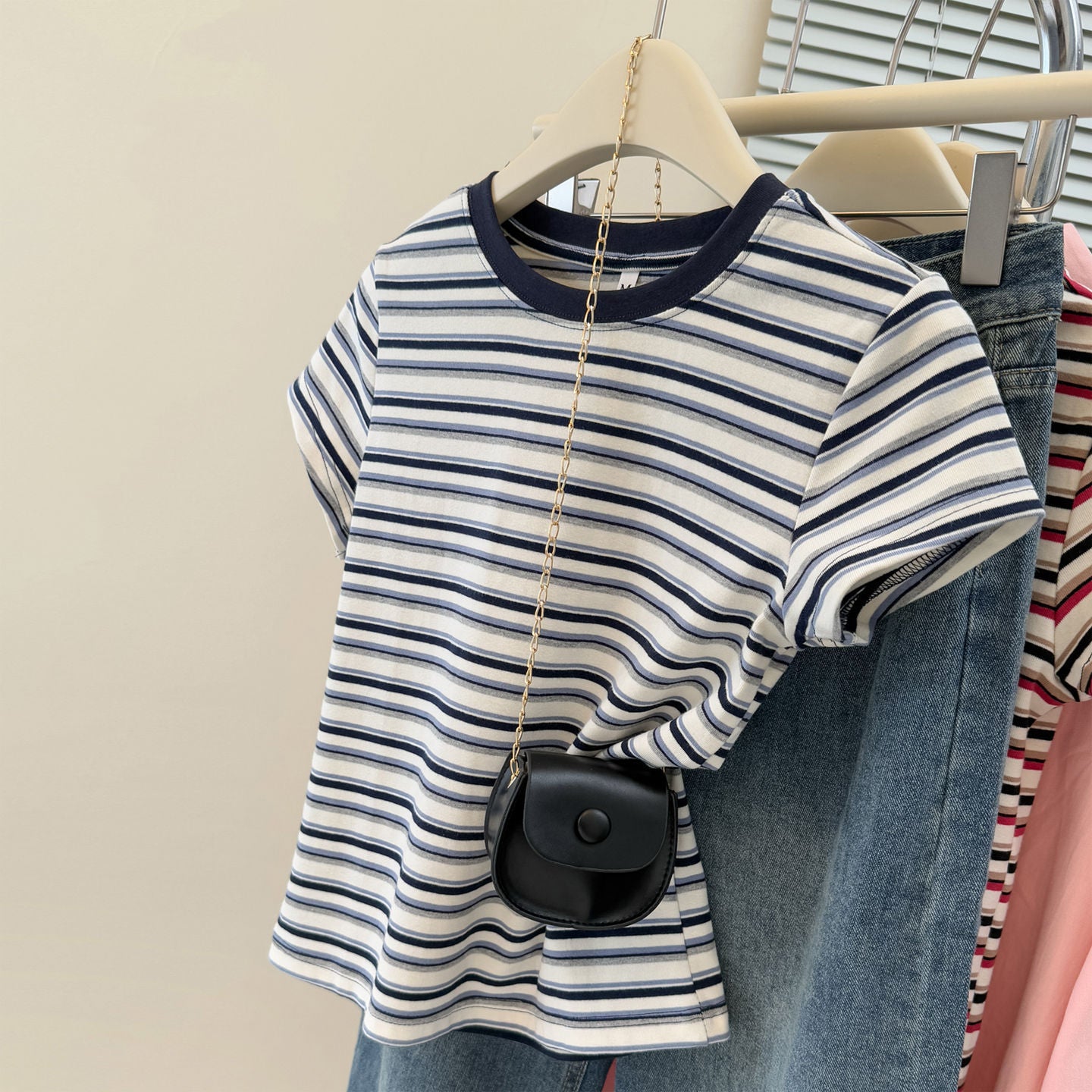 Style Summer New Color Block Stripe Short Sleeve T-Shirt Women's Slim Korean Version Short Crop Top