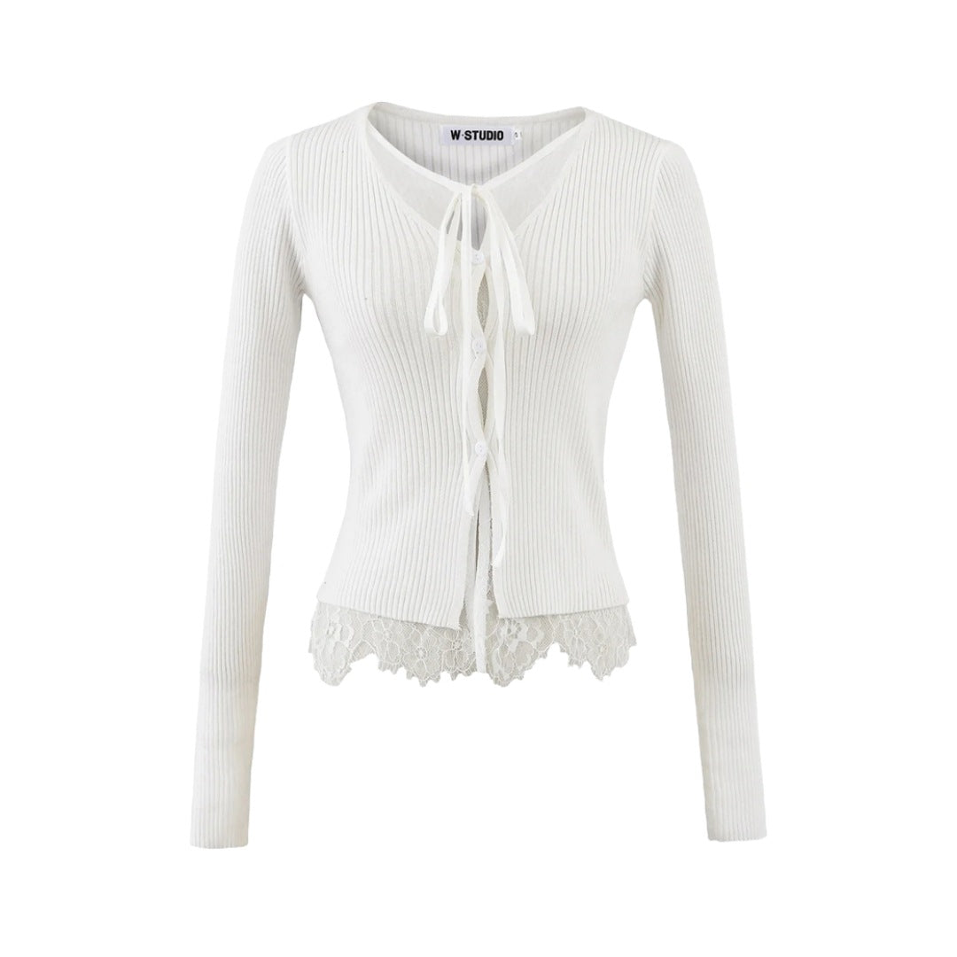Two-Piece Lace Tie Knit Cardigan High-Waist Short Crop Long Sleeve Top Sweater
