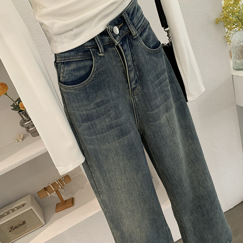 High-Waisted Loose Straight Leg Jeans for Women with Fleece Lining, Casual and Slim-Fitting Long Pants